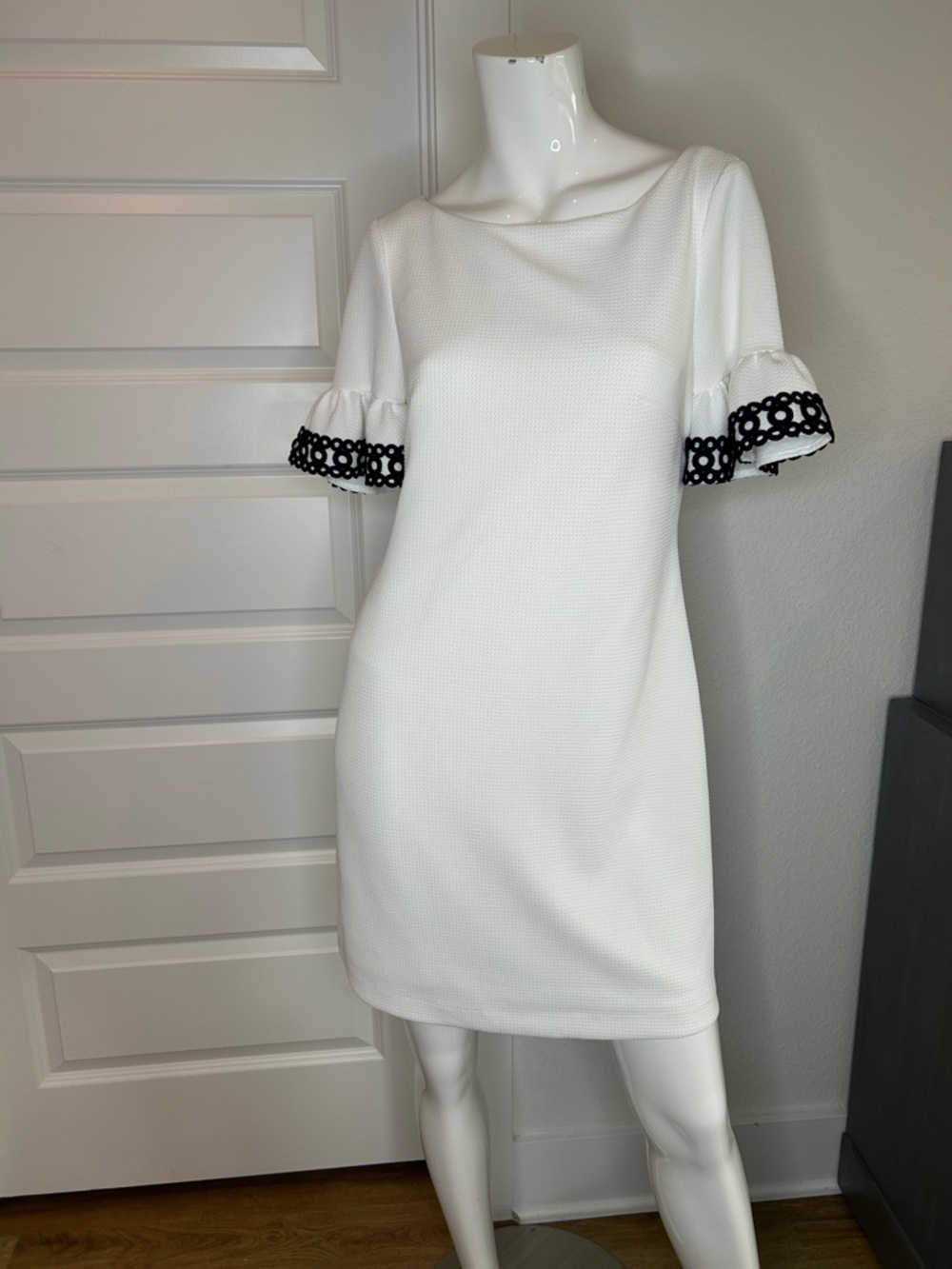 Elle White Shift Dress with Black Eyelet Sleeve Trim